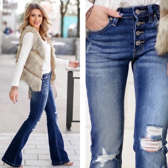 NWOT Kan Can Dark Wash Distressed Button Fly Flare Bell Bottom Denim Jean Petite - Picture 3 of 13